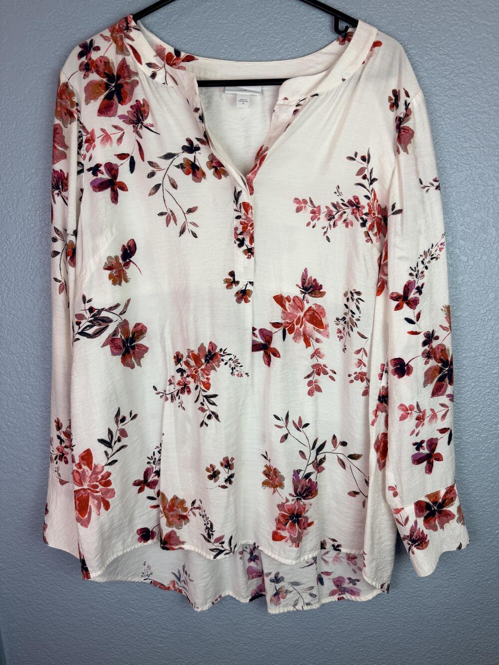 J Jill Blouse Womens Medium White Floral V Neck Long Sleeve Tunic Top Boho